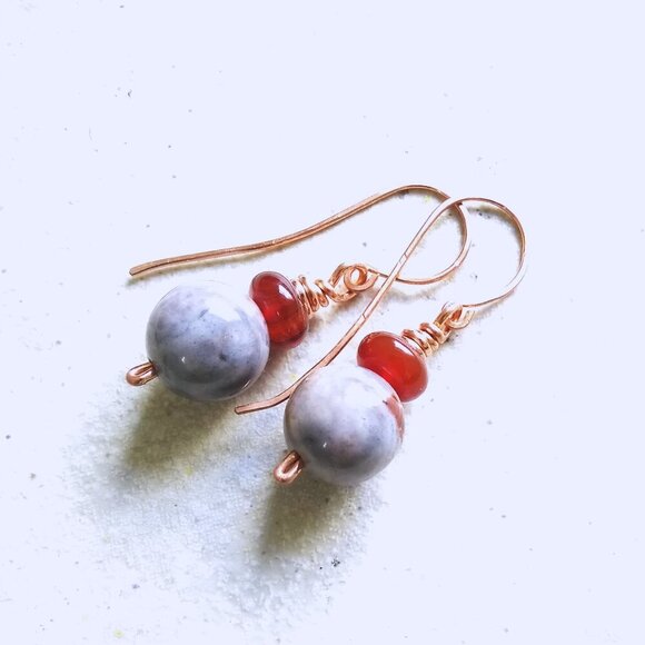 Misty Classy Elegance: Gray Stone & Russet Agate Copper Earrings! Handmade +OOAK - Picture 2 of 10